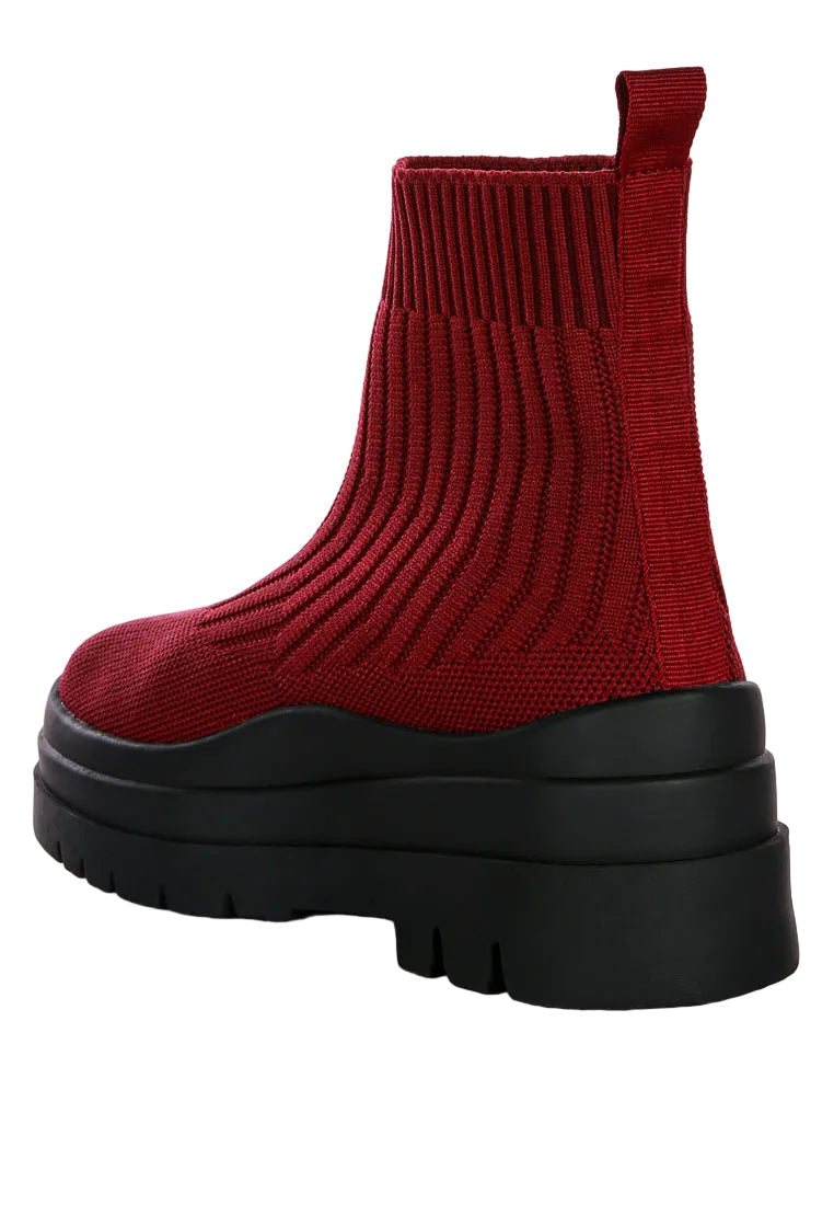 Kenike Quavo burgundy black knitted platform boots front view