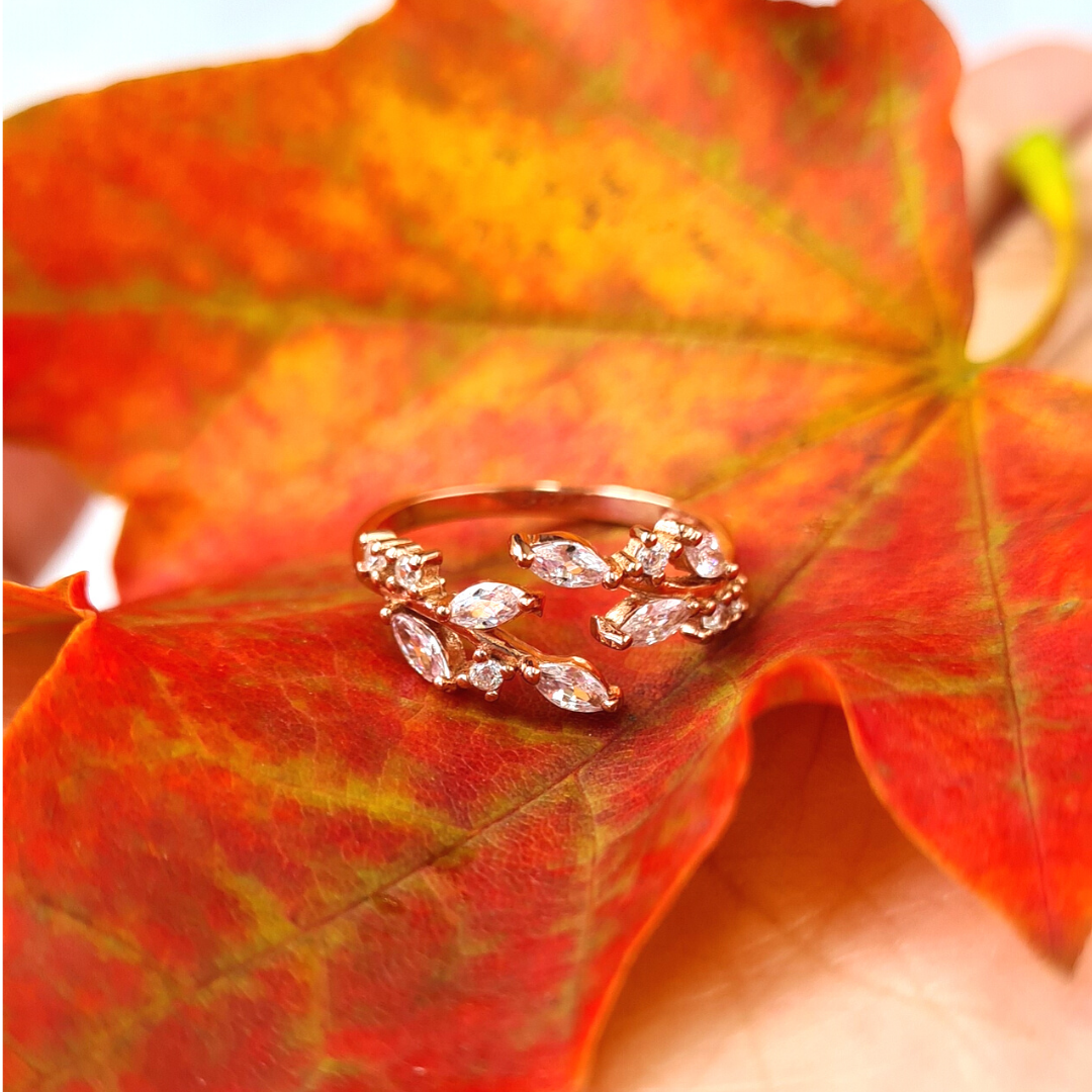 Rose gold adjustable leaf ring lifestyle image