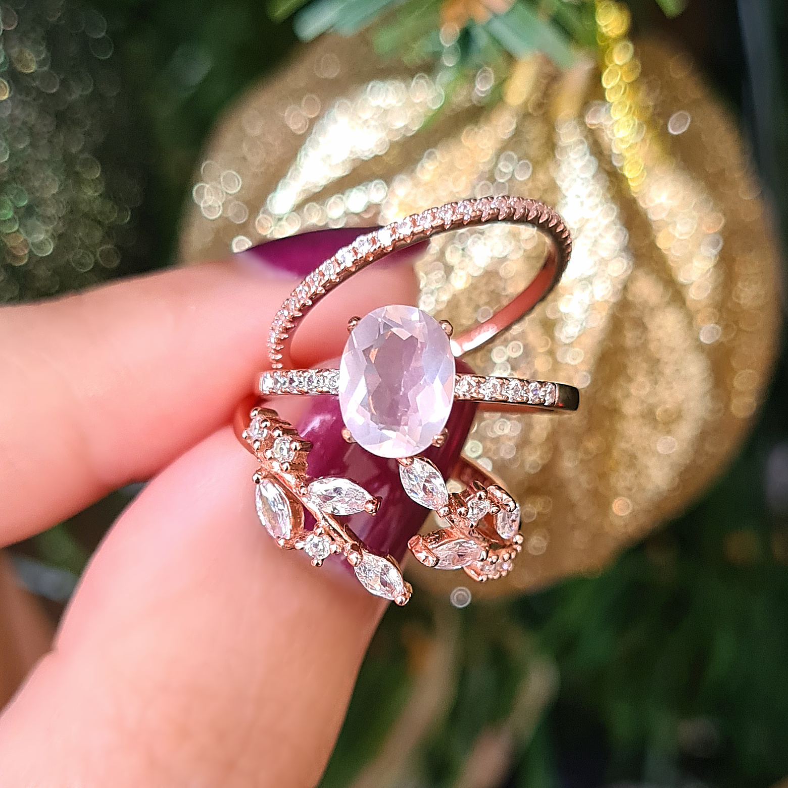 Rose gold ring Christmas stack with rose quartz ring