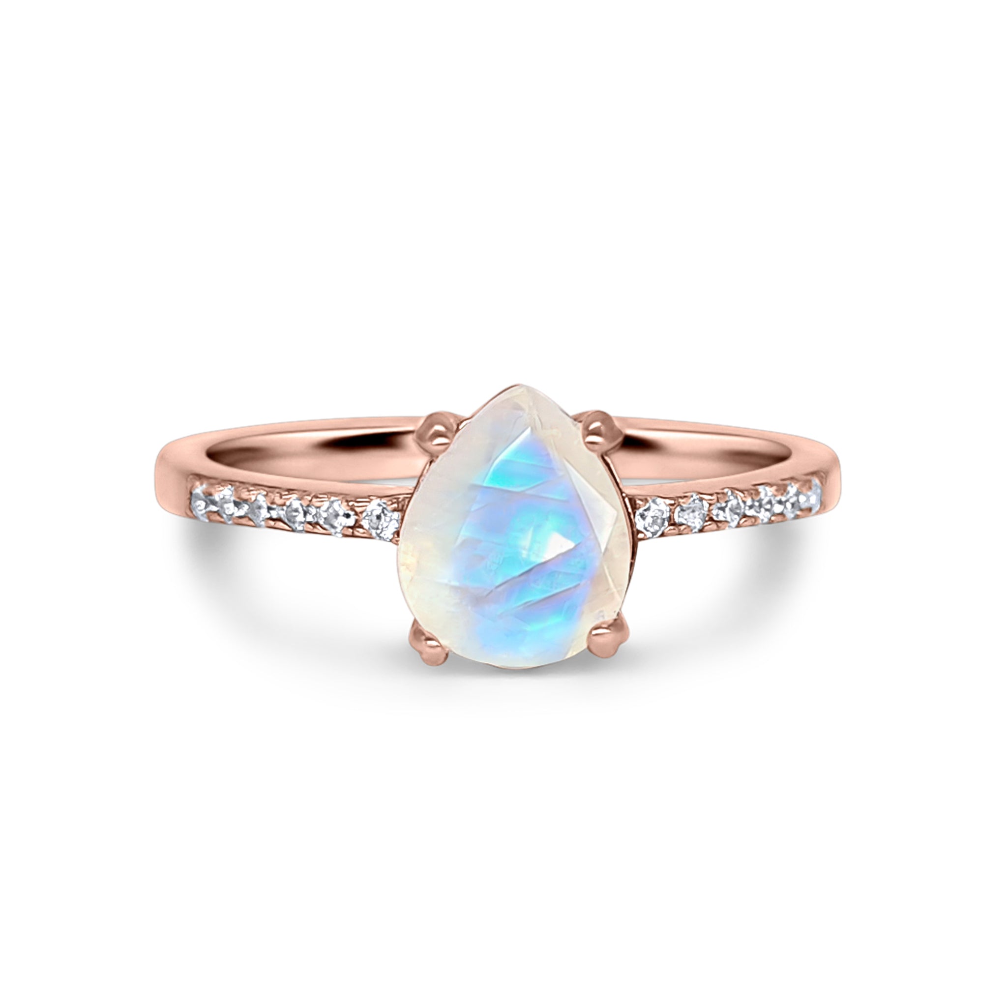 Rainbow moonstone ring in 18k rose gold vermeil on white background