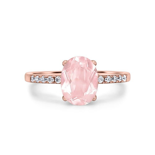 Rose quartz ring in 18k rose gold vermeil on white background