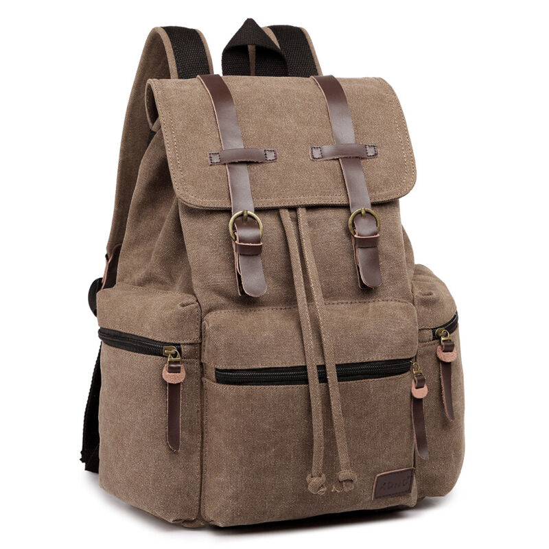 Kenike coffee canvas leather backpack front detail