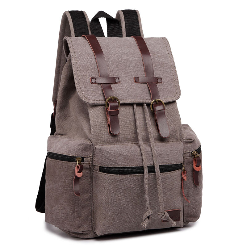 Kenike grey canvas leather backpack detail view