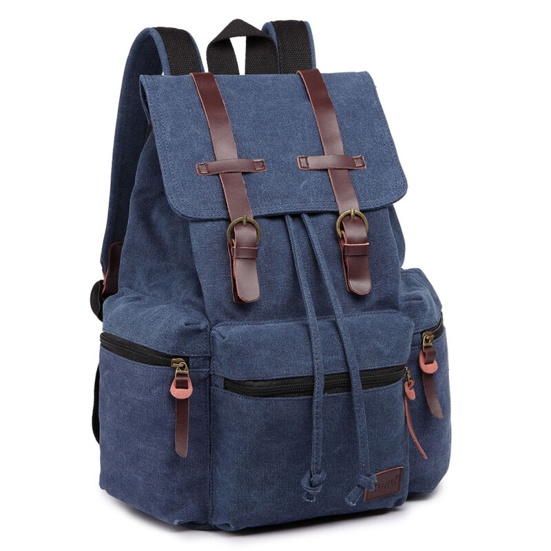 Kenike navy canvas leather backpack front detail