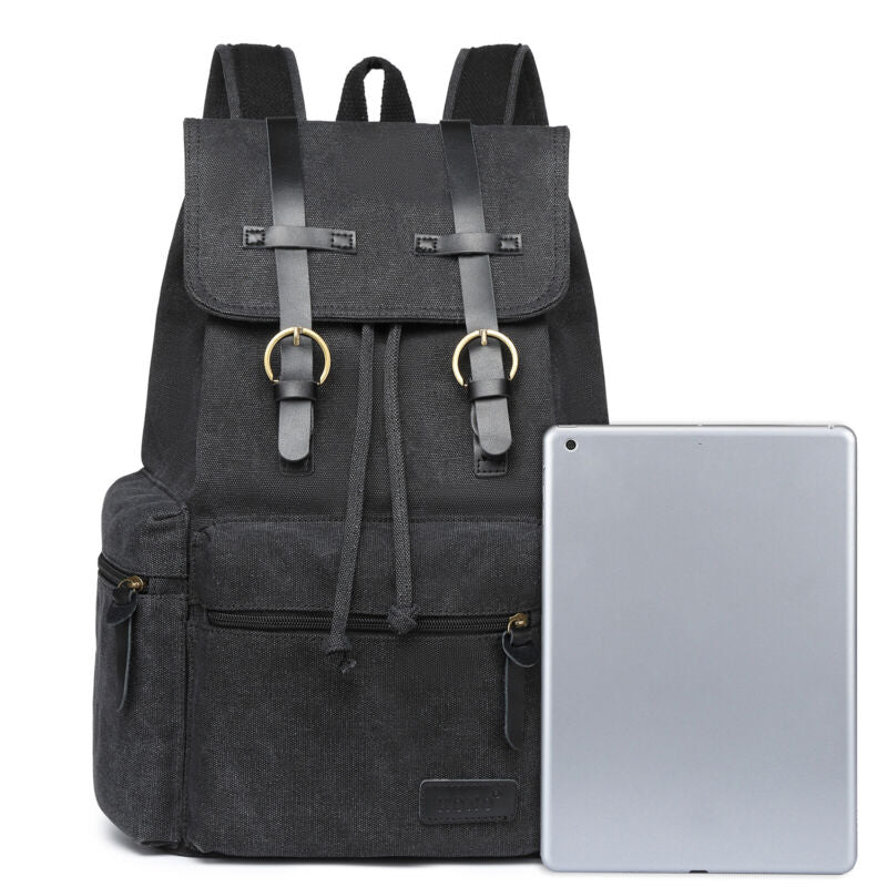 Kenike canvas leather backpack zipper and pocket detail