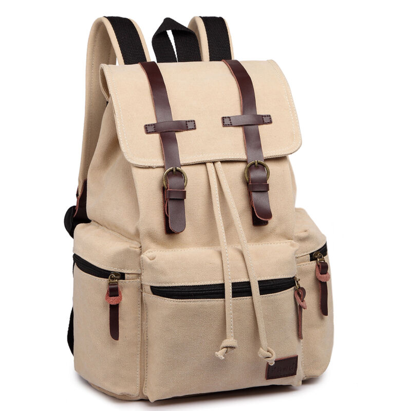 Kenike beige canvas leather backpack front detail