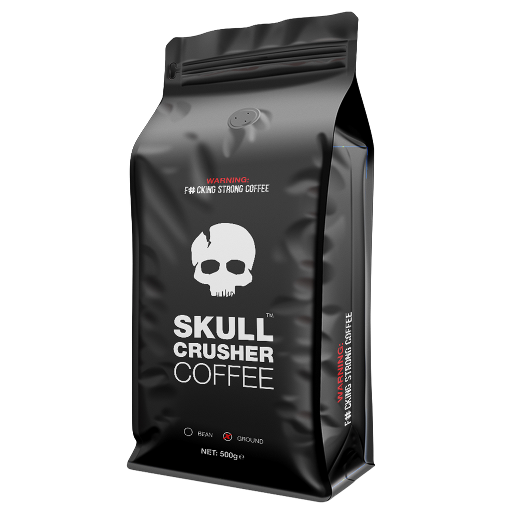 Skull Crusher high caffeine dark roast coffee in ground or whole bean options