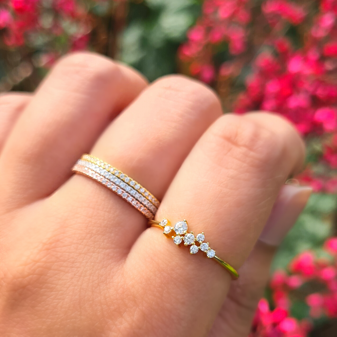 Mixed metal ring stack with essential eternity rings
