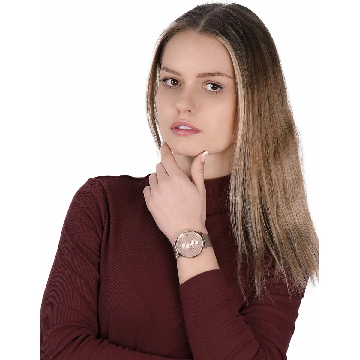 Tommy Hilfiger 1781944 rose gold dial watch on wrist