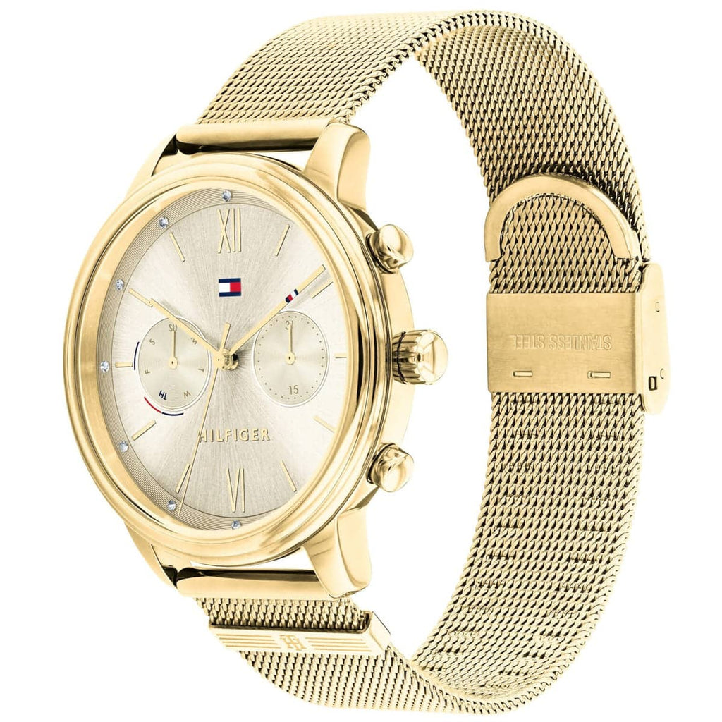 Tommy Hilfiger 1782302 gold mesh strap watch wrist angle