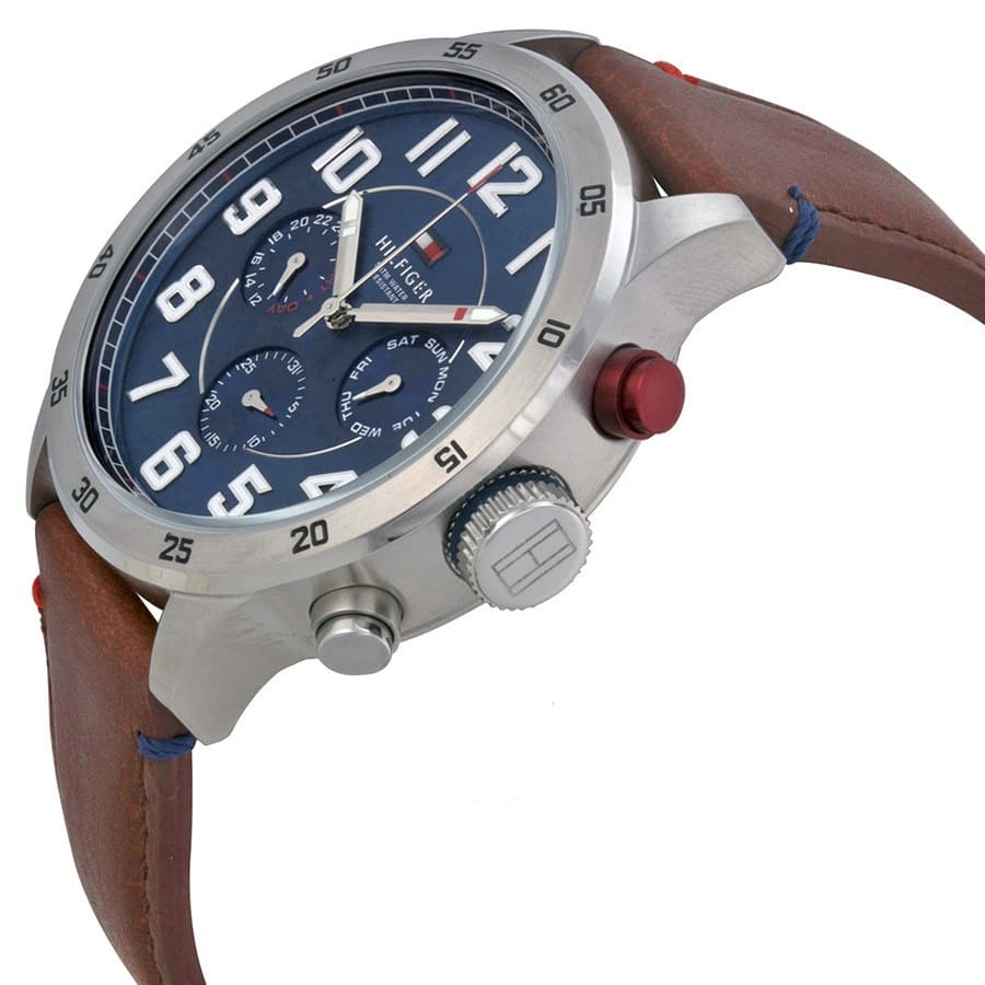 Tommy Hilfiger 1791066 blue dial close-up with brown strap
