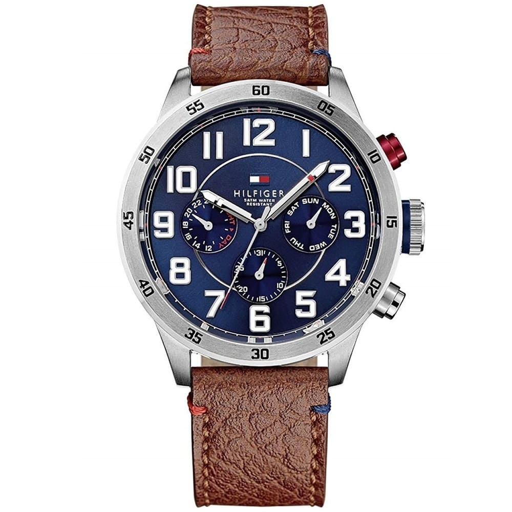 Tommy Hilfiger 1791066 Trent watch front view with brown leather strap and blue dial