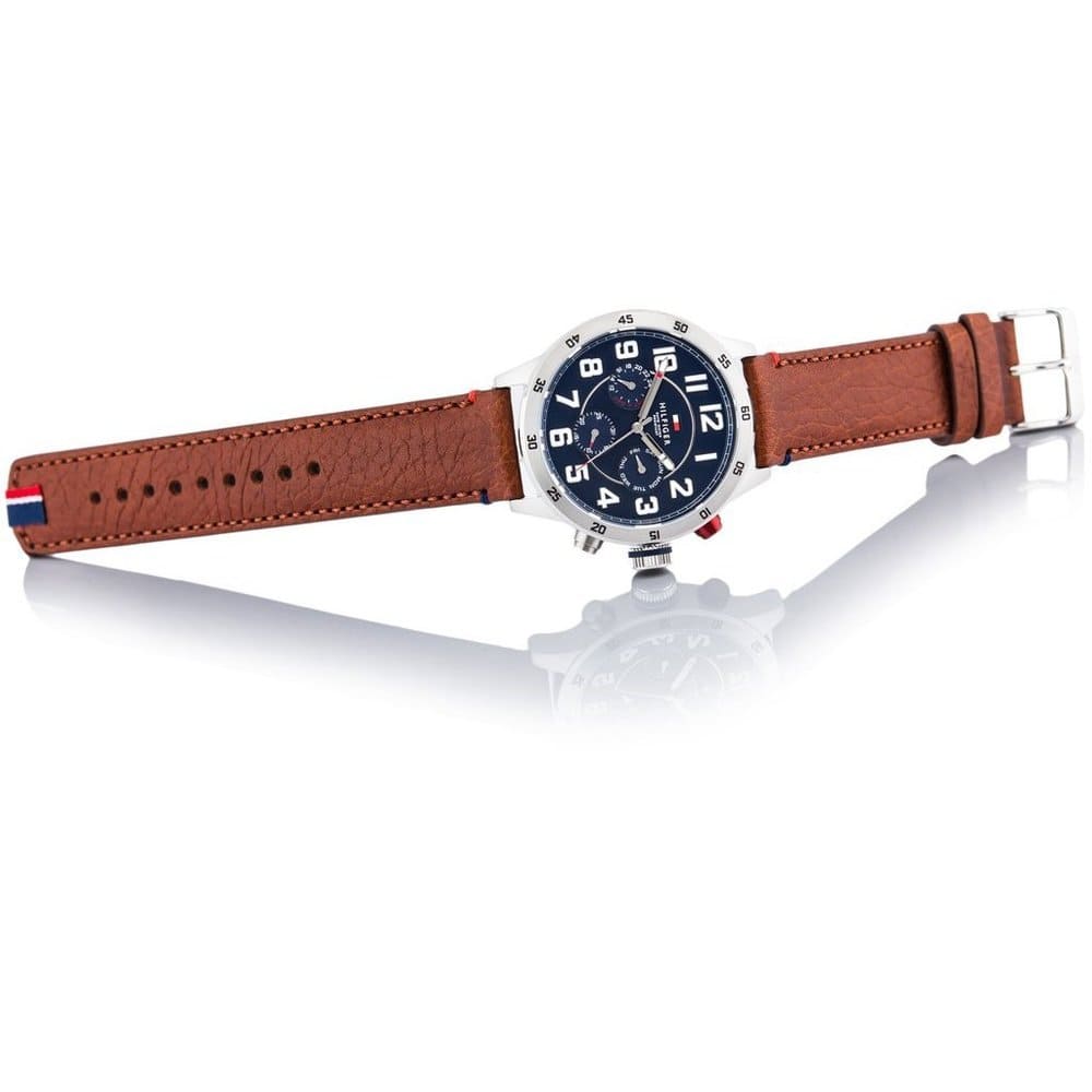 Tommy Hilfiger 1791066 full length view with brown strap and blue dial