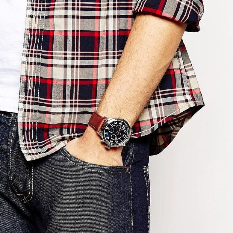 Tommy Hilfiger 1791066 Trent watch wider wrist view with brown strap and blue dial