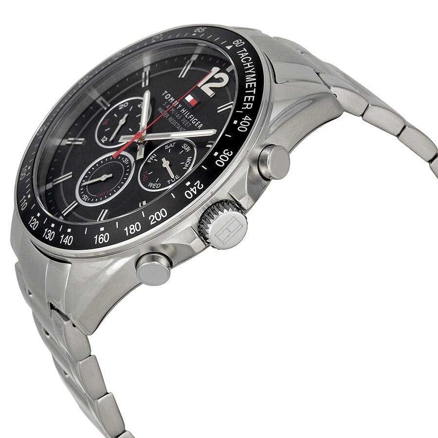 Tommy Hilfiger 1791104 angled view with silver bracelet and black dial
