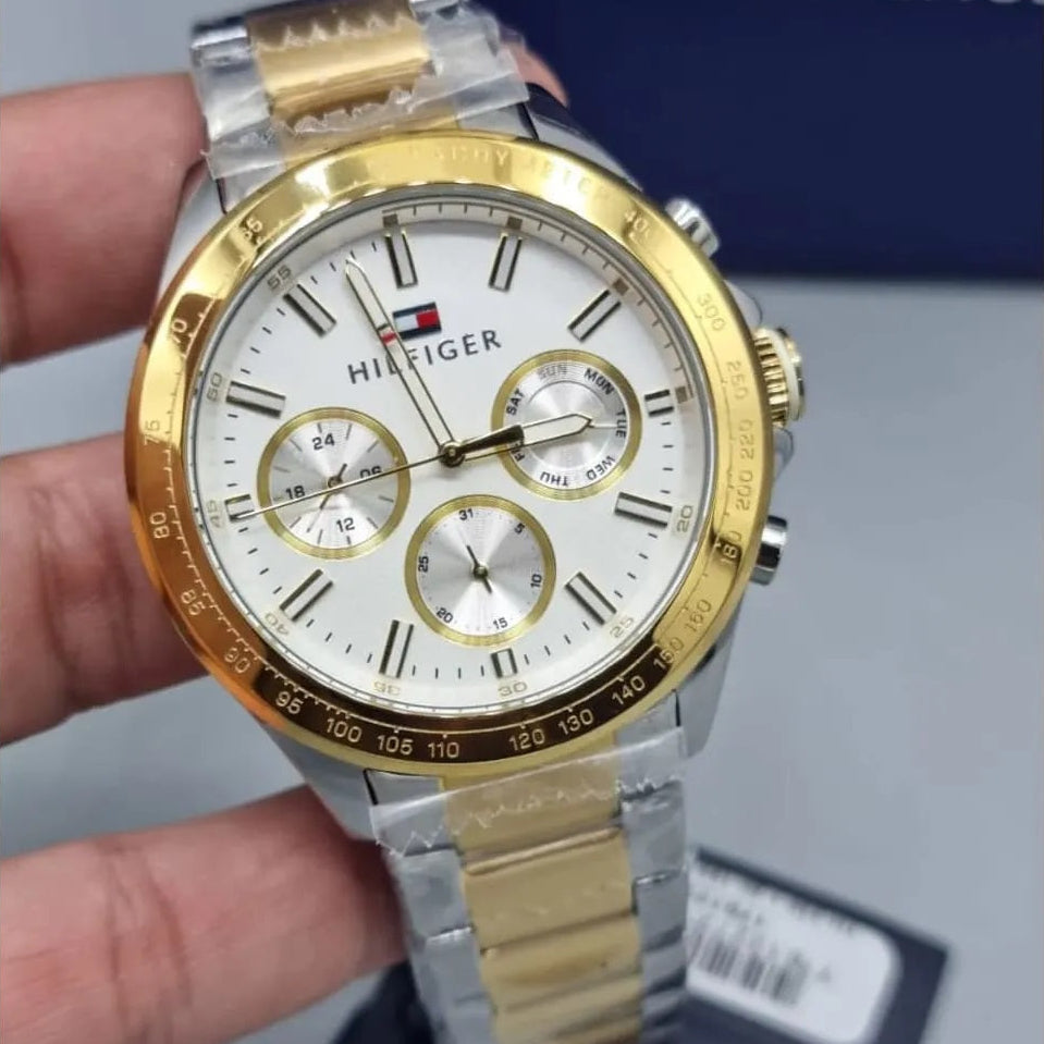 Tommy Hilfiger 1791226 angled view with white dial and silver gold bracelet