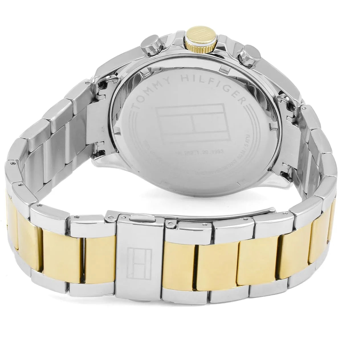 Tommy Hilfiger 1791226 back view with white dial and two-tone bracelet