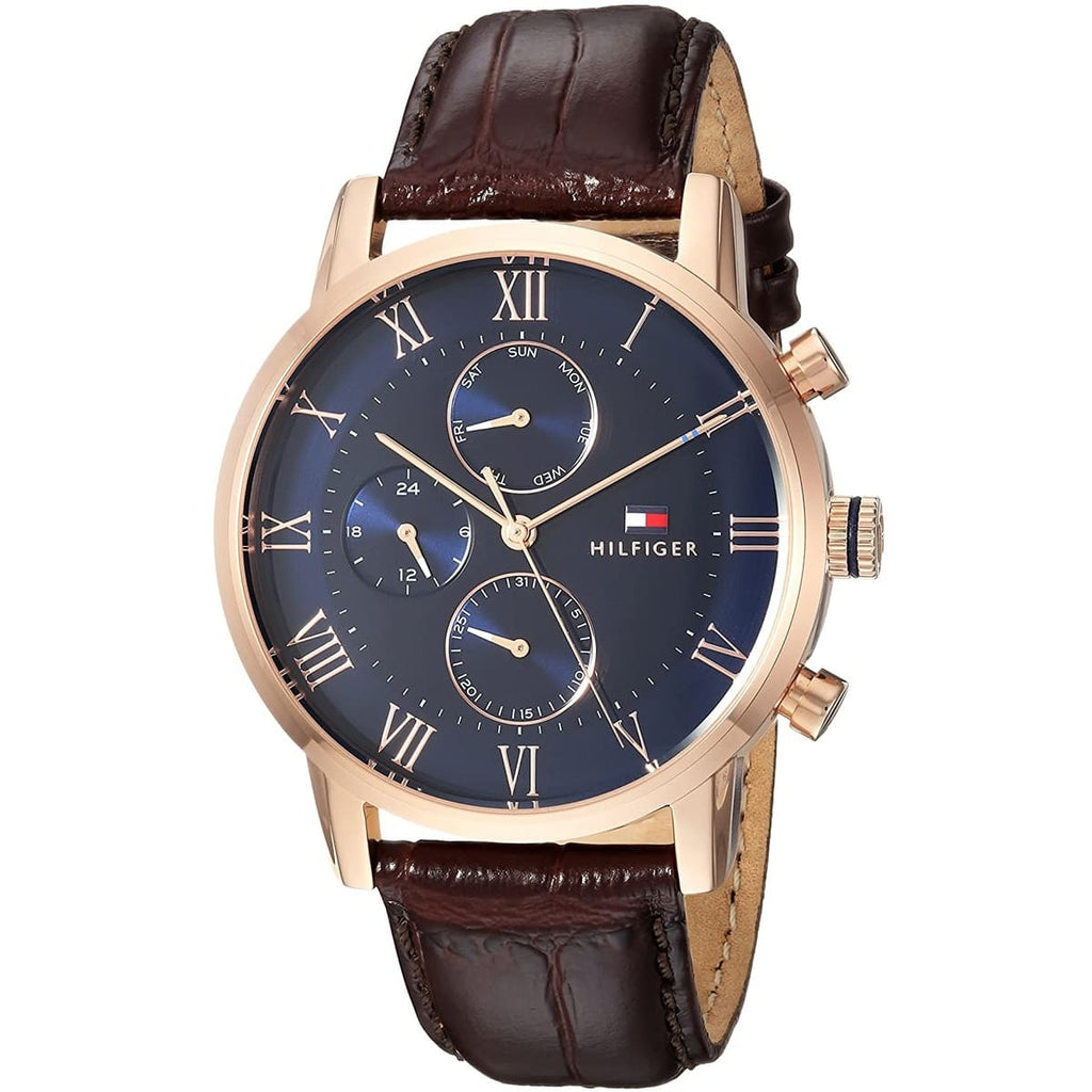 Tommy Hilfiger 1791399 blue dial close-up with rose gold case