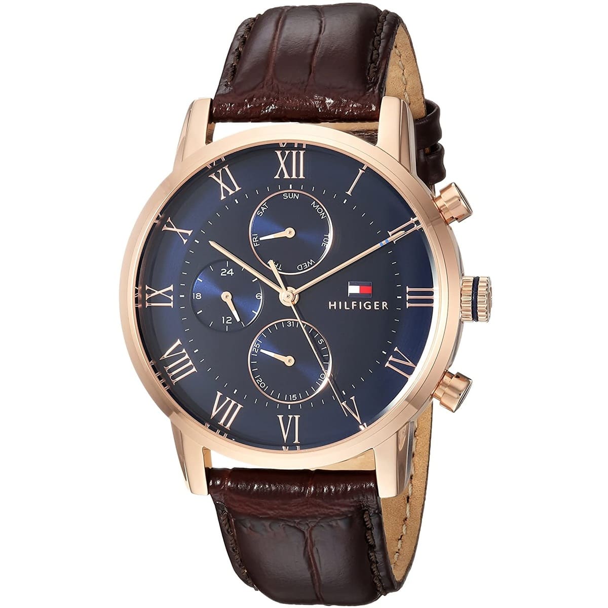 Tommy Hilfiger 1791399 blue dial close-up with rose gold case