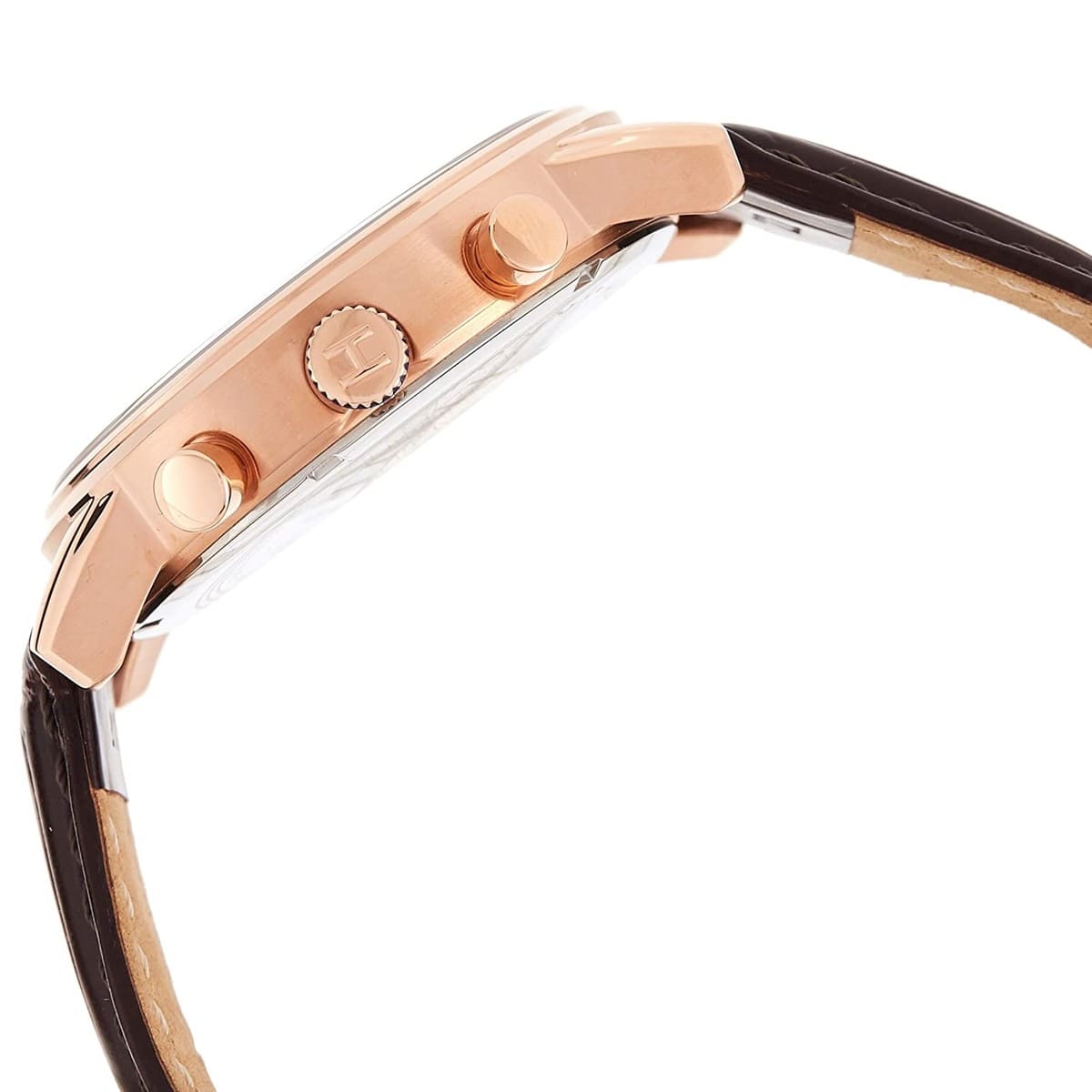 Tommy Hilfiger 1791399 side view with brown strap and rose gold case