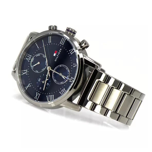 Tommy Hilfiger 1791456 angled view with blue dial and grey strap