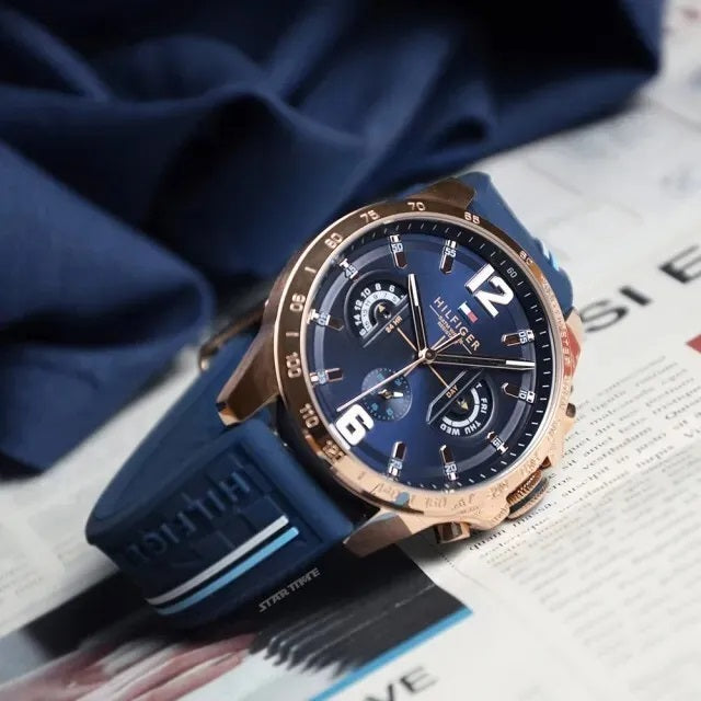 Tommy Hilfiger 1791474 angled view with blue dial and rose gold case