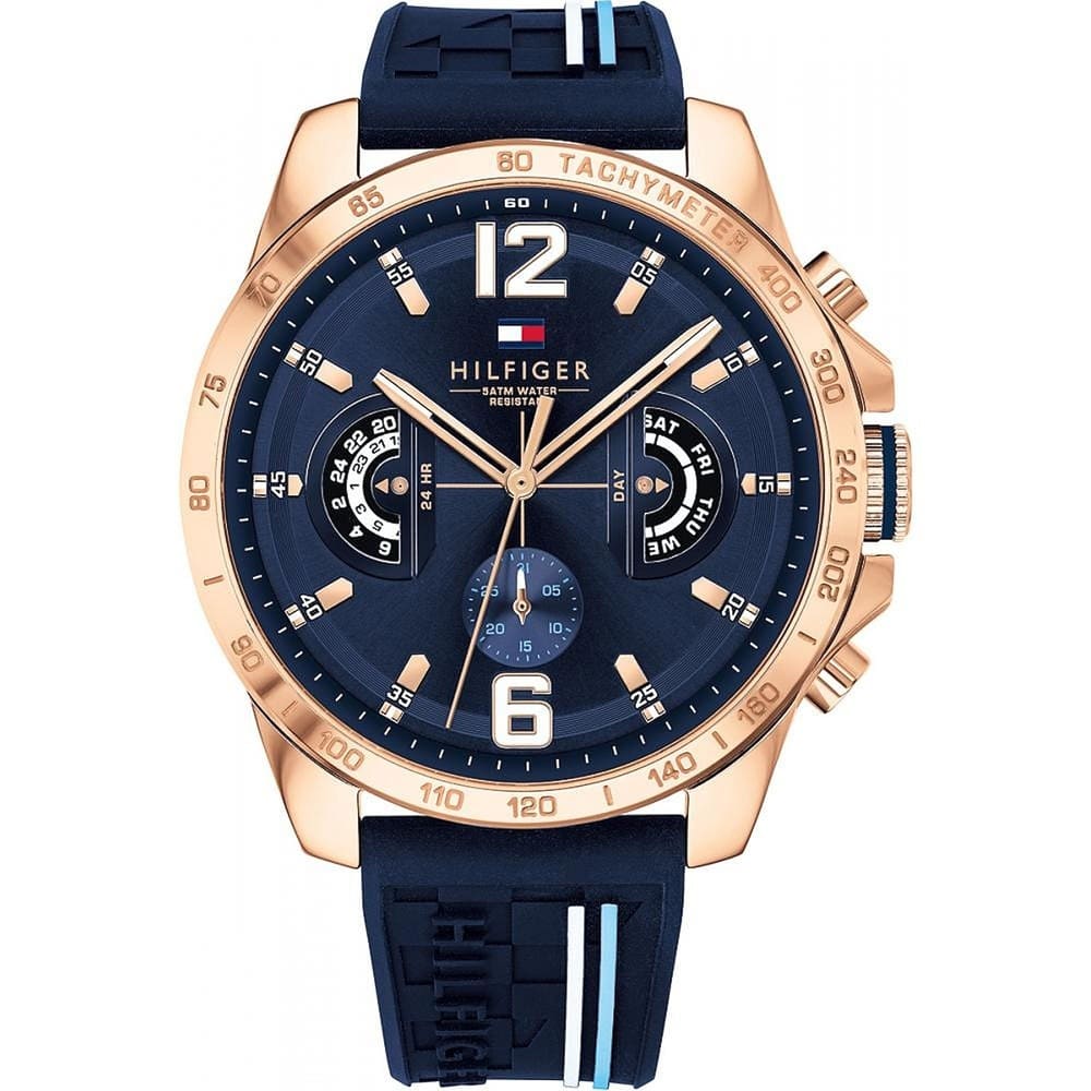 Tommy Hilfiger 1791474 Decker blue dial close-up with rose gold case