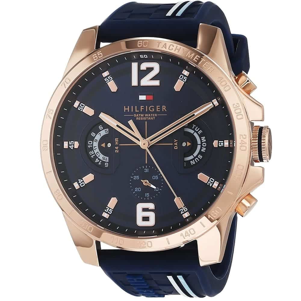 Tommy Hilfiger 1791474 Decker front view with blue strap and rose gold case