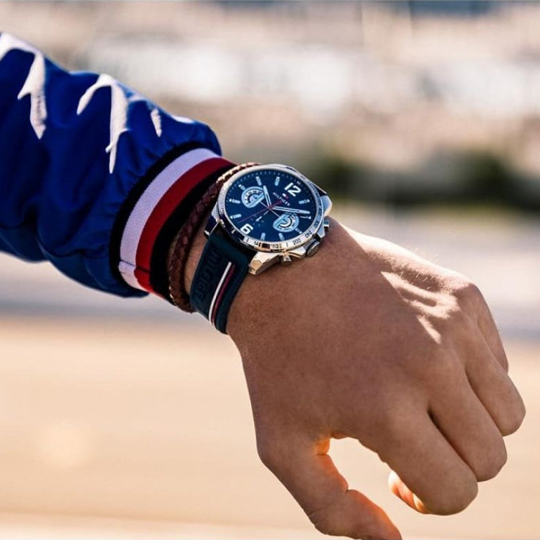 Tommy Hilfiger 1791476 blue sport watch on wrist