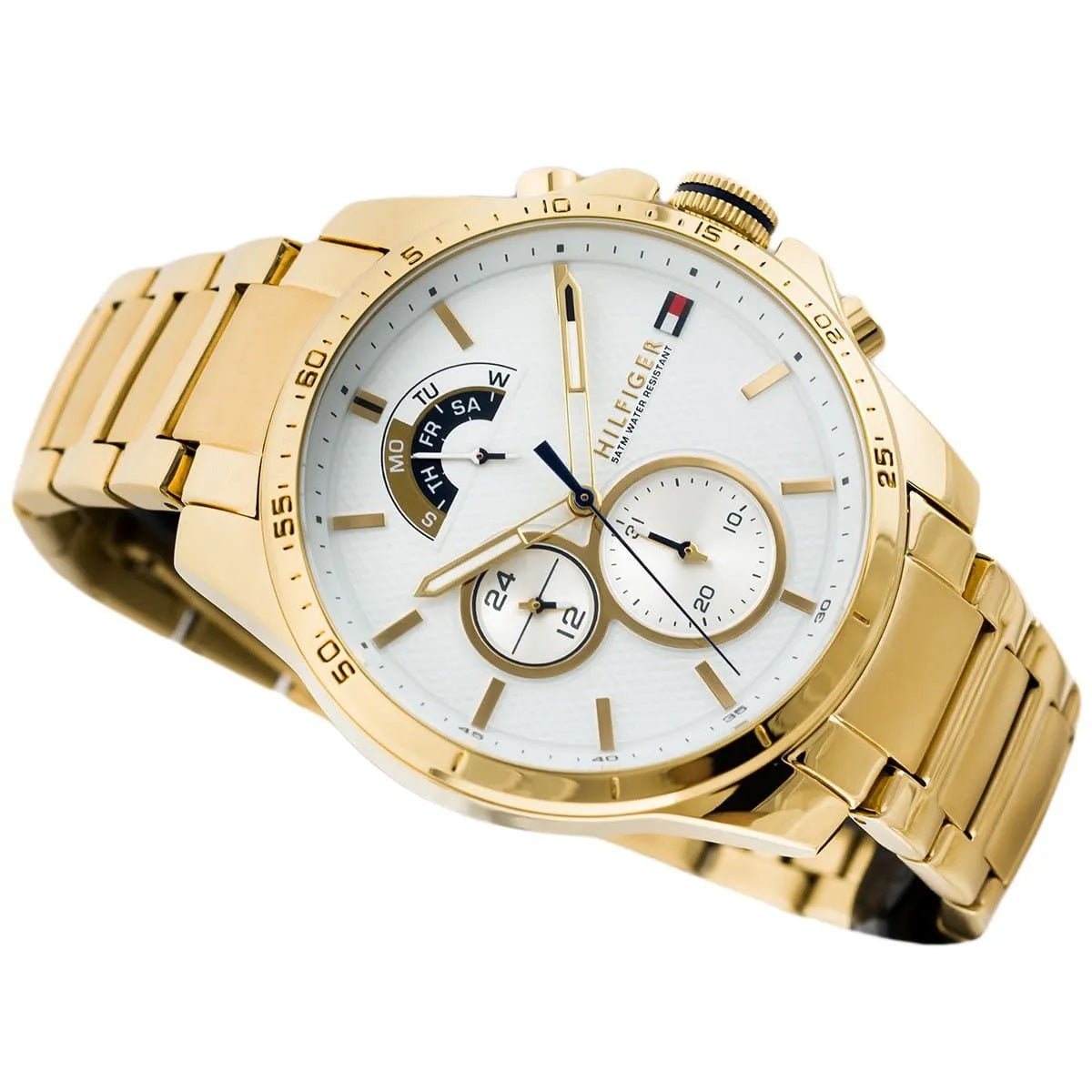 Tommy Hilfiger 1791538 white dial close-up with gold case