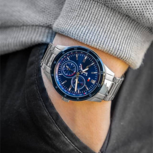Tommy Hilfiger 1791640 silver and blue watch in pocket view