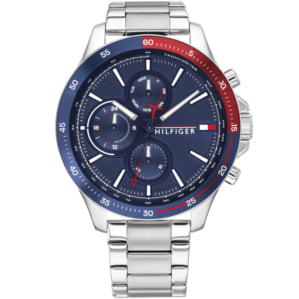 Tommy Hilfiger 1791718 Bank blue dial close-up with stainless steel bracelet
