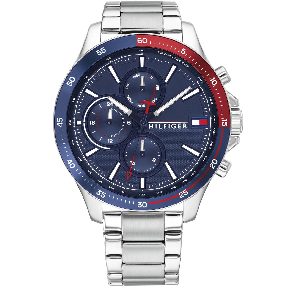 Tommy Hilfiger 1791718 Bank blue dial close-up with stainless steel bracelet