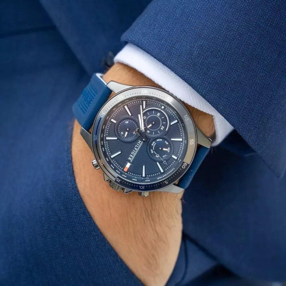 Tommy Hilfiger 1791721 blue watch on wrist
