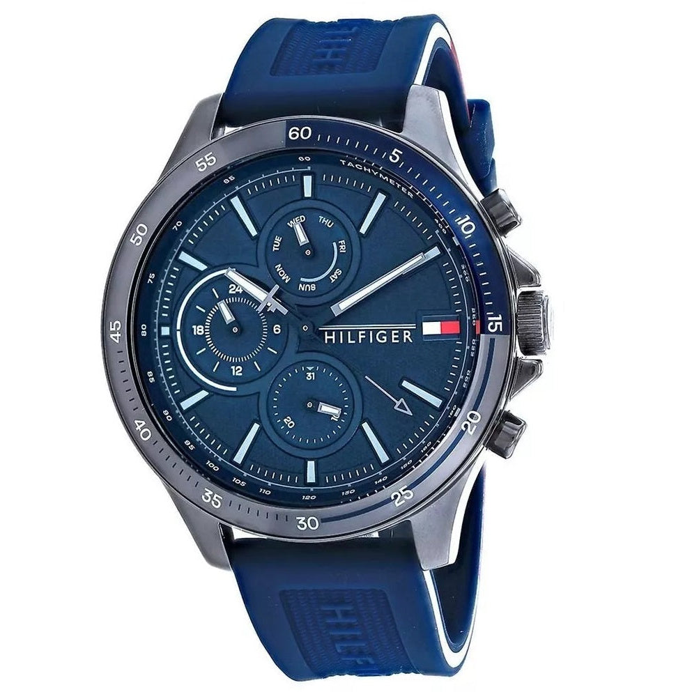 Tommy Hilfiger 1791721 Bank blue dial close-up with blue silicone strap