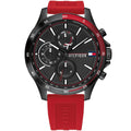 Tommy Hilfiger 1791722 Bank red silicone strap watch close-up with black dial