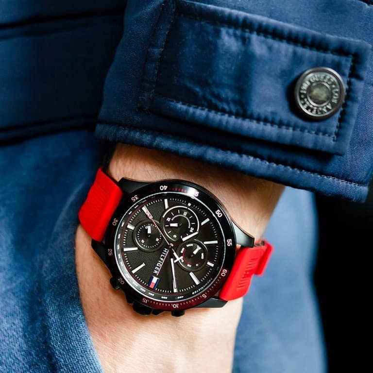 Tommy Hilfiger 1791722 red silicone strap watch on wrist