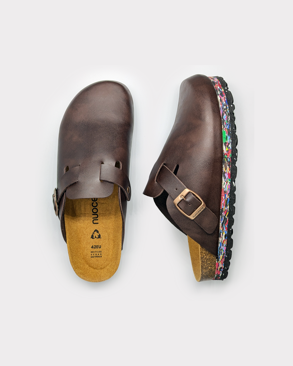 Nuoceans TRUFFLE dark brown vegan leather clog side view
