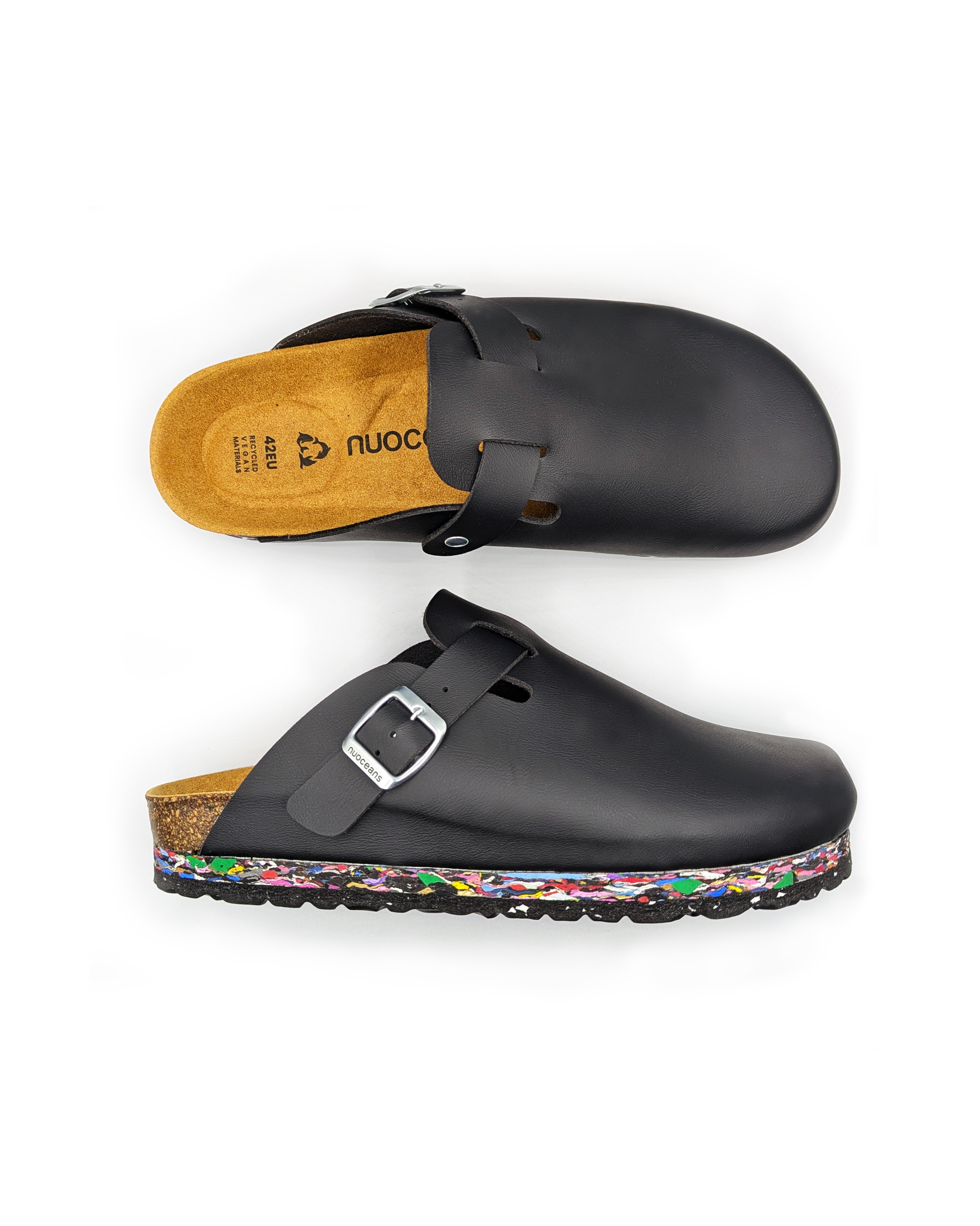 Nuoceans NIGHTFALL black vegan leather clog side view