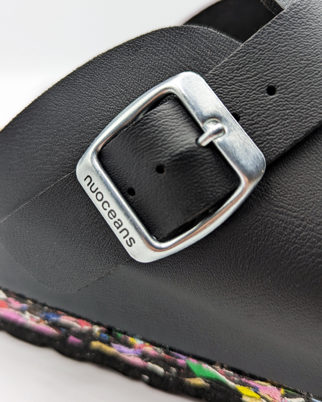 Nuoceans NIGHTFALL black recycled vegan leather clog pair detail