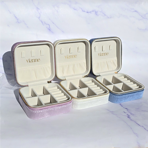 Velvet jewellery travel cases in lavender cream and blue