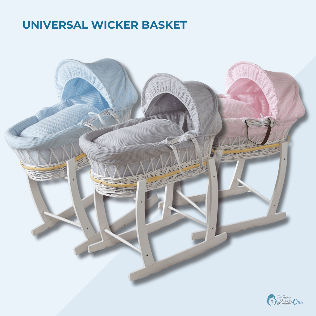 White waffle white wicker baby Moses basket with stand