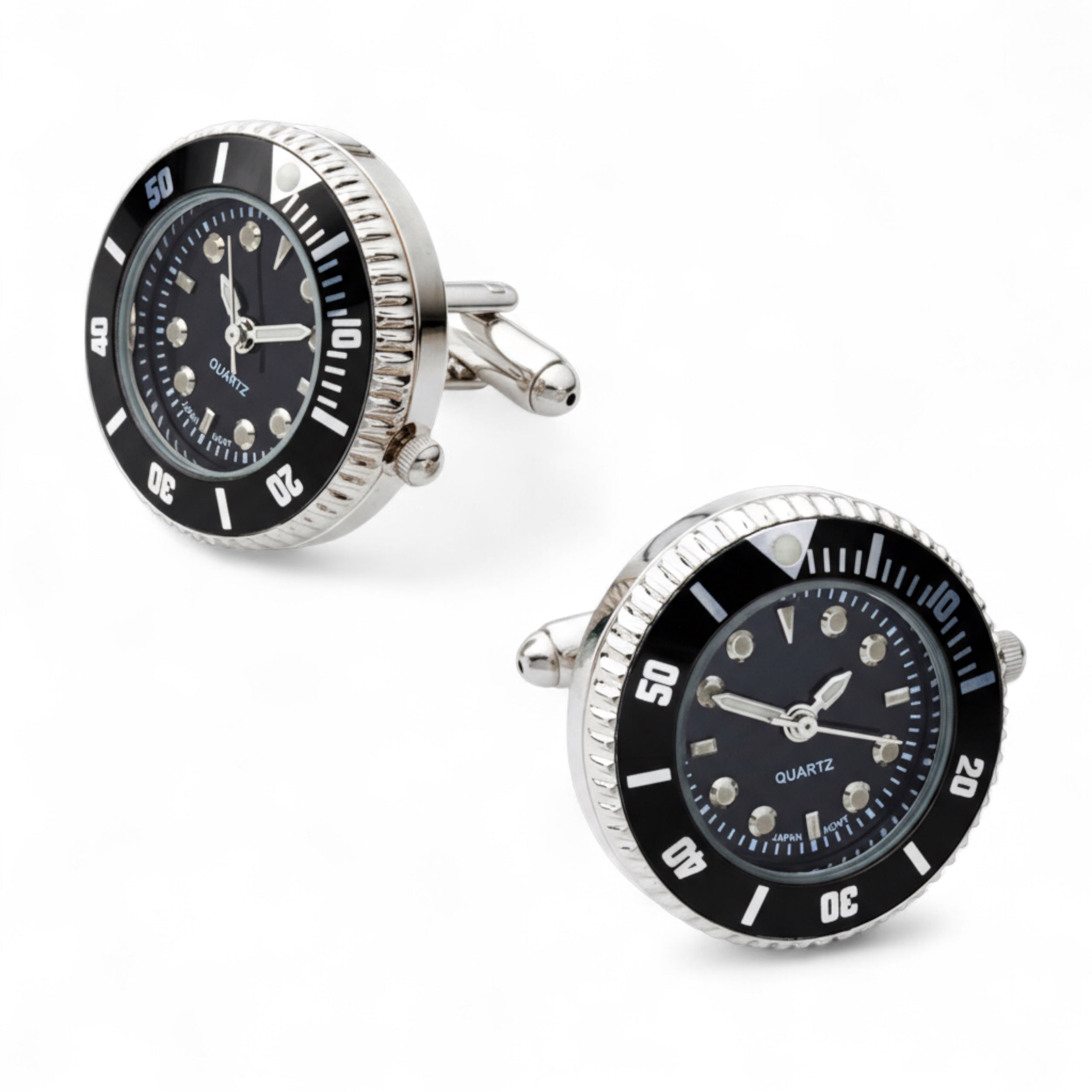 Black and silver working watch cufflinks with quartz movement
